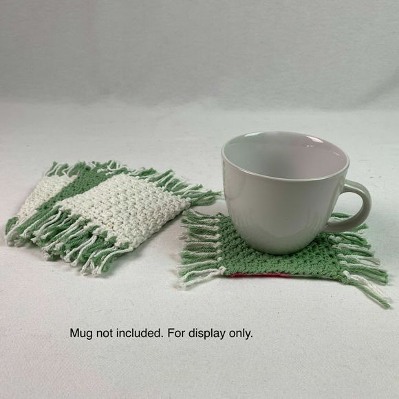 Mug Rugs Coasters Handmade Crochet Green White Fringe Set of 4 Home Decor - Picture 8 of 8